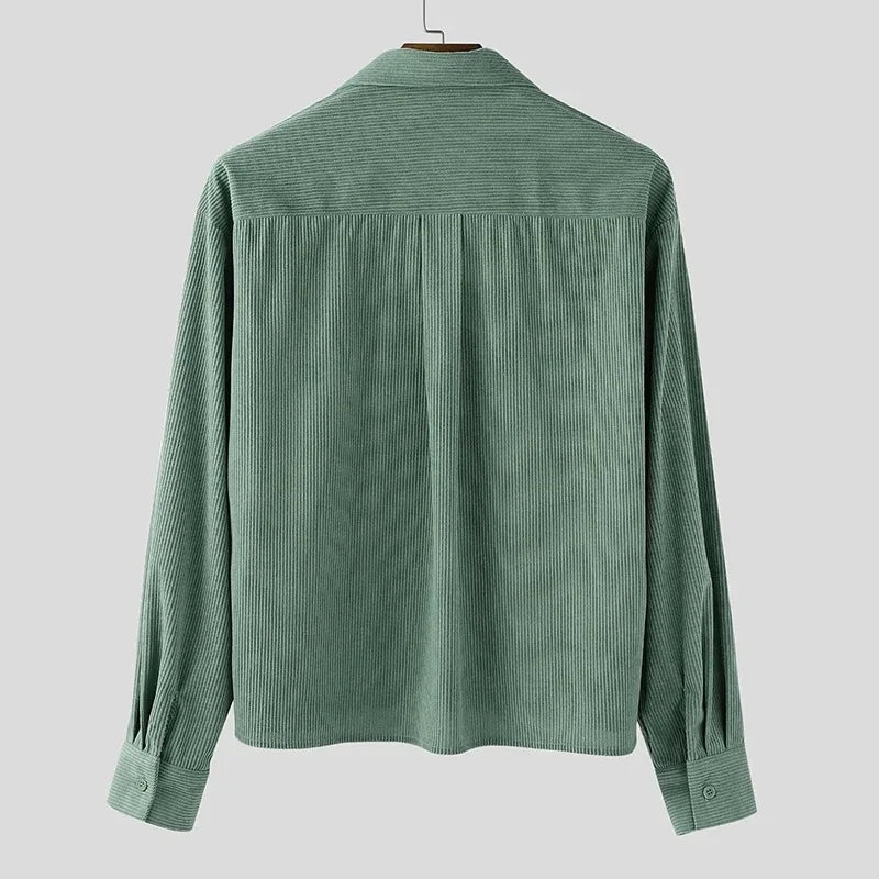 Men’s Corduroy Cropped Long-Sleeve Shirt – American Retro Loose Cardigan Top