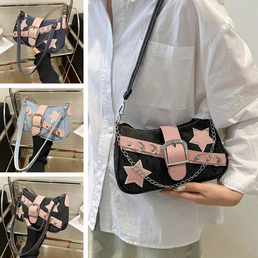 Women's Denim Star Pattern Underarm Bag & Chain Shoulder Hobo Bag