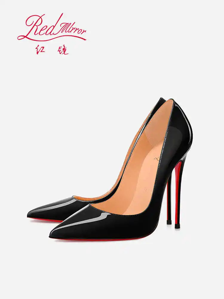 Women's Black Glossy Pointed-Toe Stiletto Pumps with Radiant Red Outsoles