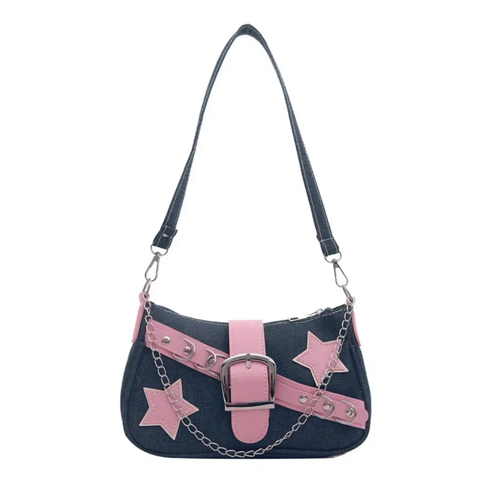 Women's Denim Star Pattern Underarm Bag & Chain Shoulder Hobo Bag