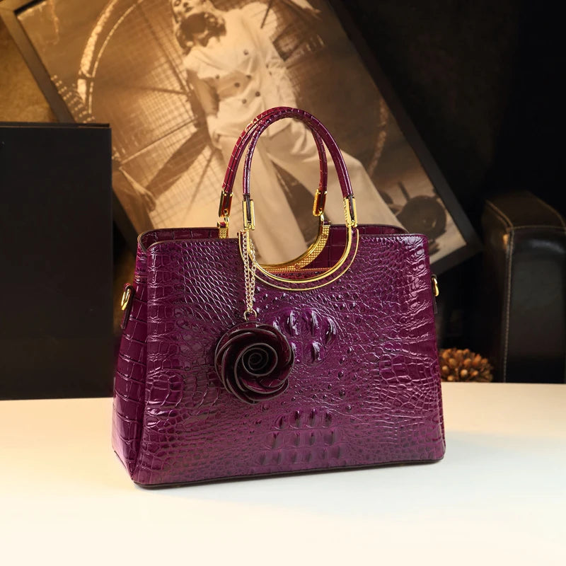 Women's Crocodile Pattern Genuine Leather Top-Handle Handbag with Floral Charm