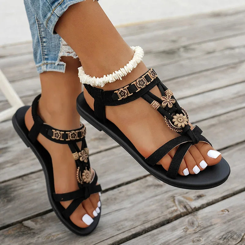 Women's Boho Flower Beaded Flat Sandals | Roman Style Non-Slip Summer Beach Shoes