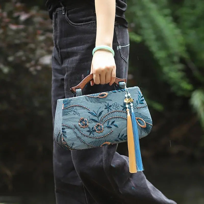 Women's Vintage Embroidered Floral Top-Handle Tote Bag with Fringe & Chain Strap