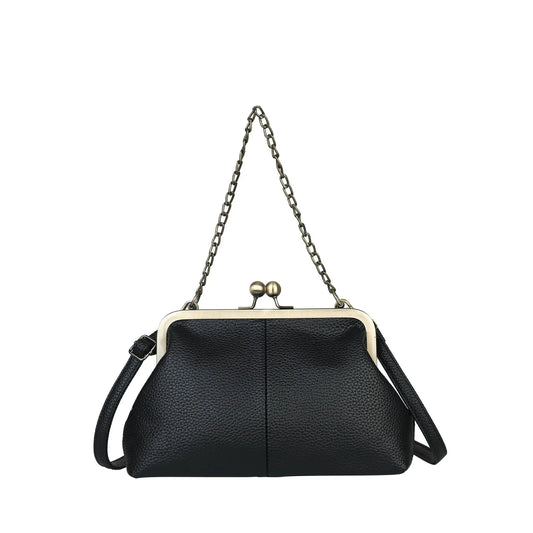 Women's Vintage Kiss-Lock PU Leather Chain Crossbody & Shoulder Bag