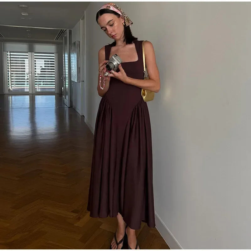 Elegant Square Neck Midi Dress For Women Elegant Solid Sleeveless High Waist Long Dress 2025 Summer Holiday Evening Vestidos