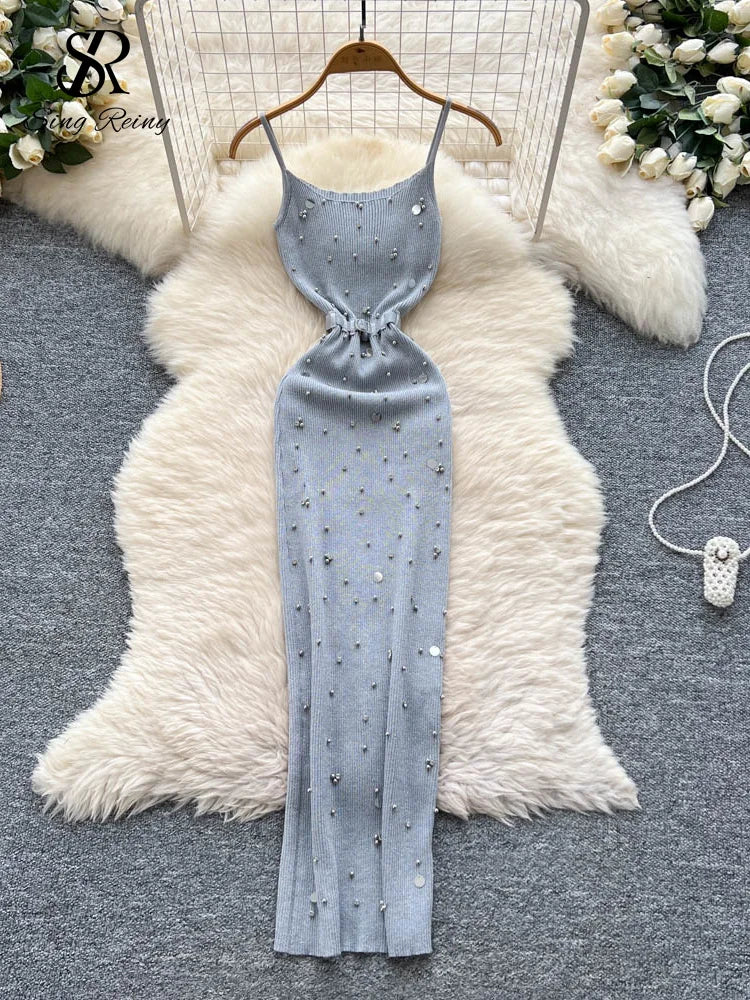 Women's Sparkling Knit Sequin Bodycon Maxi Dress with Waist Sash