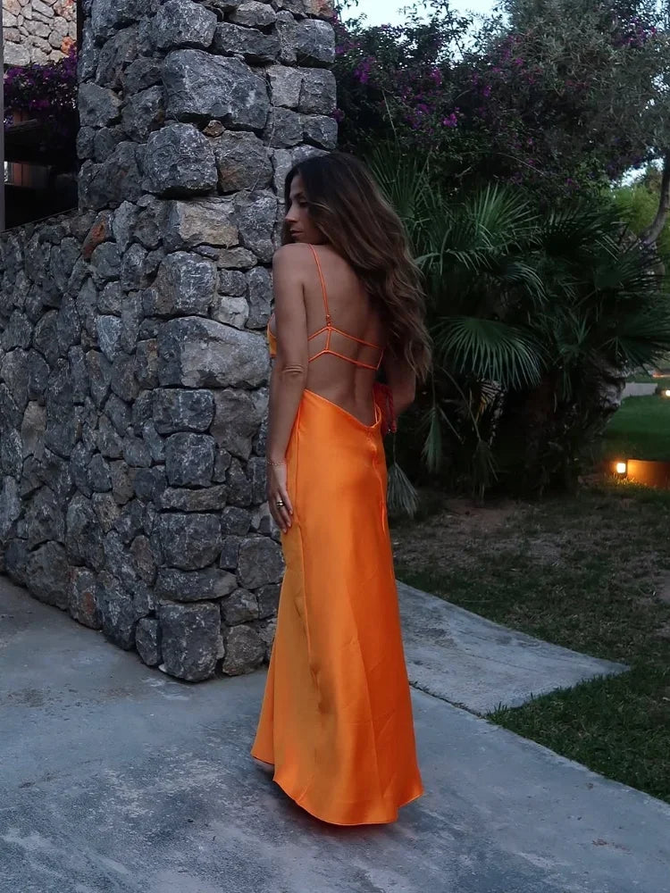 Orange Satin Lace Up Sling Long Dresses Women Fashion V Neck Backless Sleeveless Maxi Robe Summer Female Evening Party Club Gown