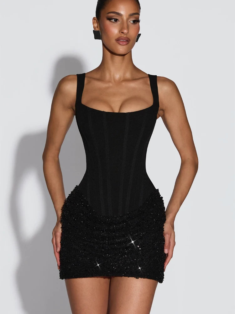 GlamourFit™ Sequin Backless Pleated Bodycon Mini Dress