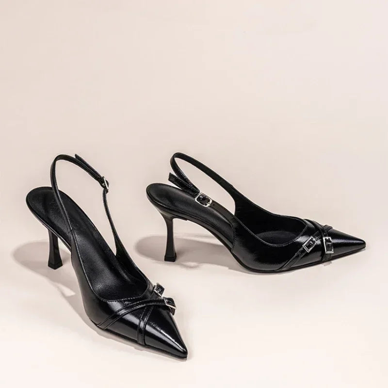 Women's Summer Pointed-Toe Black Stiletto Heels with Decorative Buckle