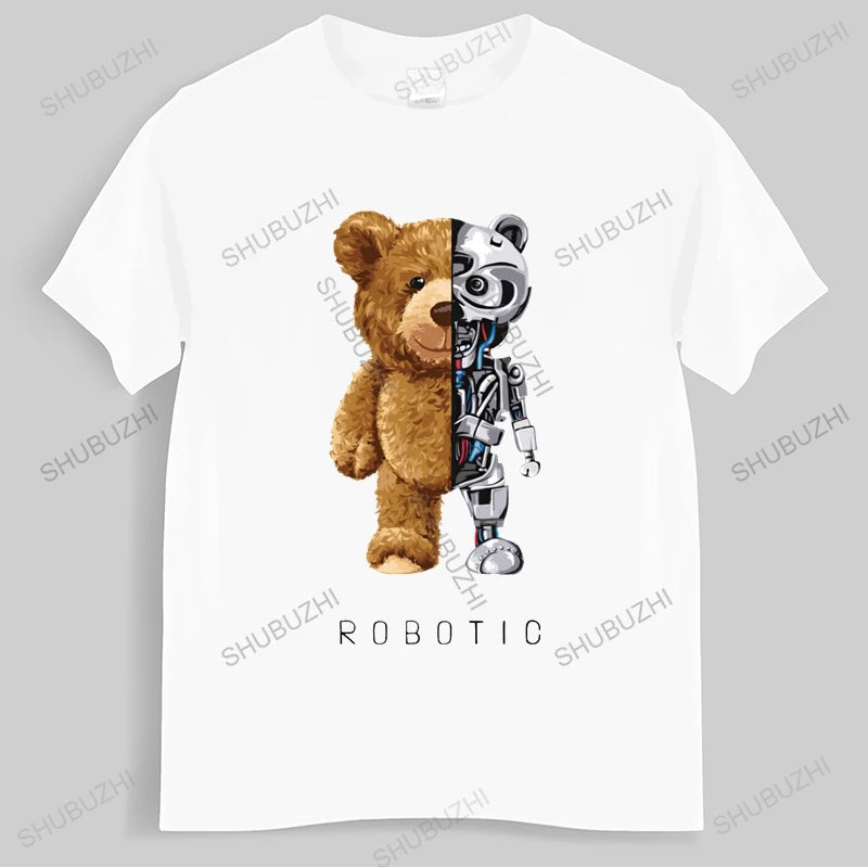 Men’s Robotic Teddy Bear Graphic T-Shirt – 100% Cotton Streetwear Tee