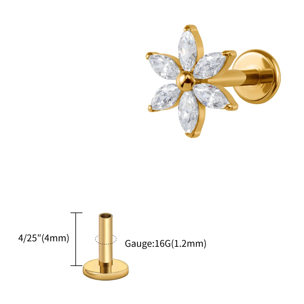 ASTM F136 Titanium 16G Marquise Flower CZ Flat Back Labret Piercing