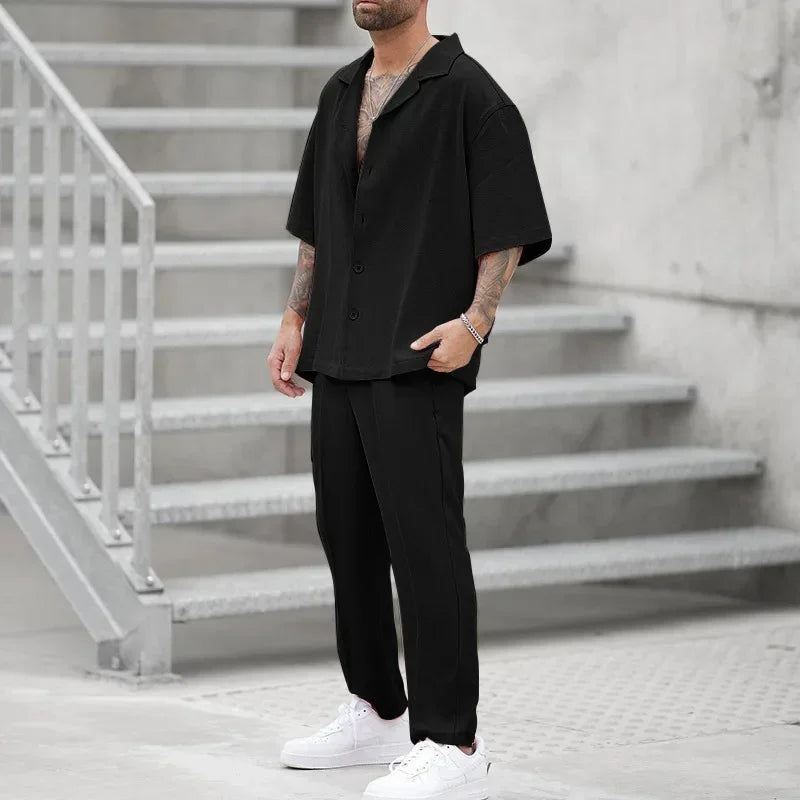 Men’s 2-Piece Short-Sleeve Shirt & Pants Set – Casual Loose Fit Leisure Suit