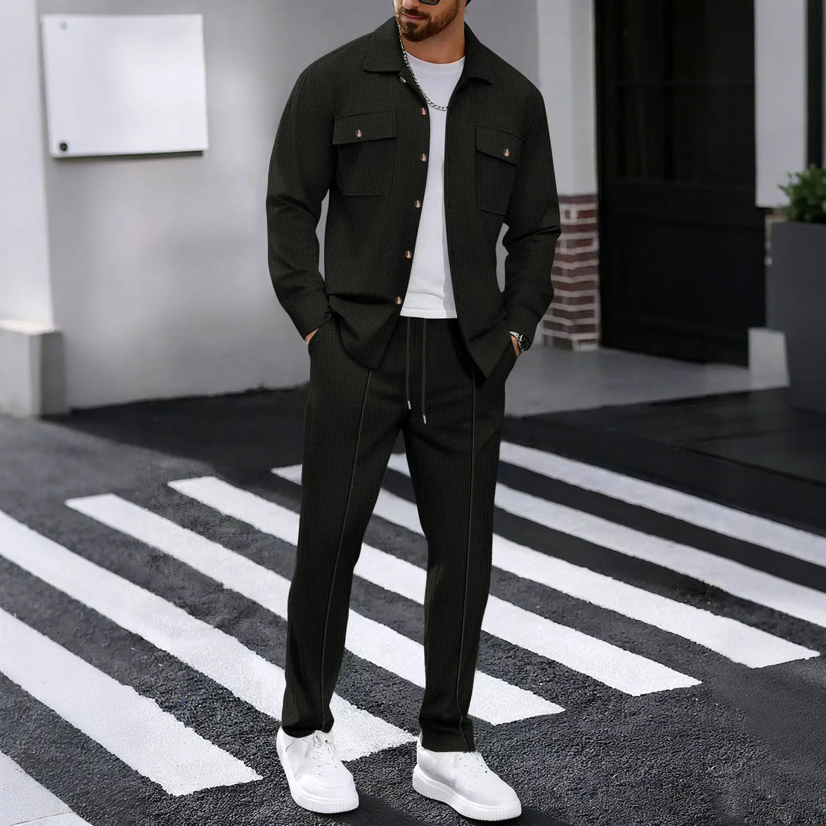 Men's Waffle Check Button Jacket & Pants Set