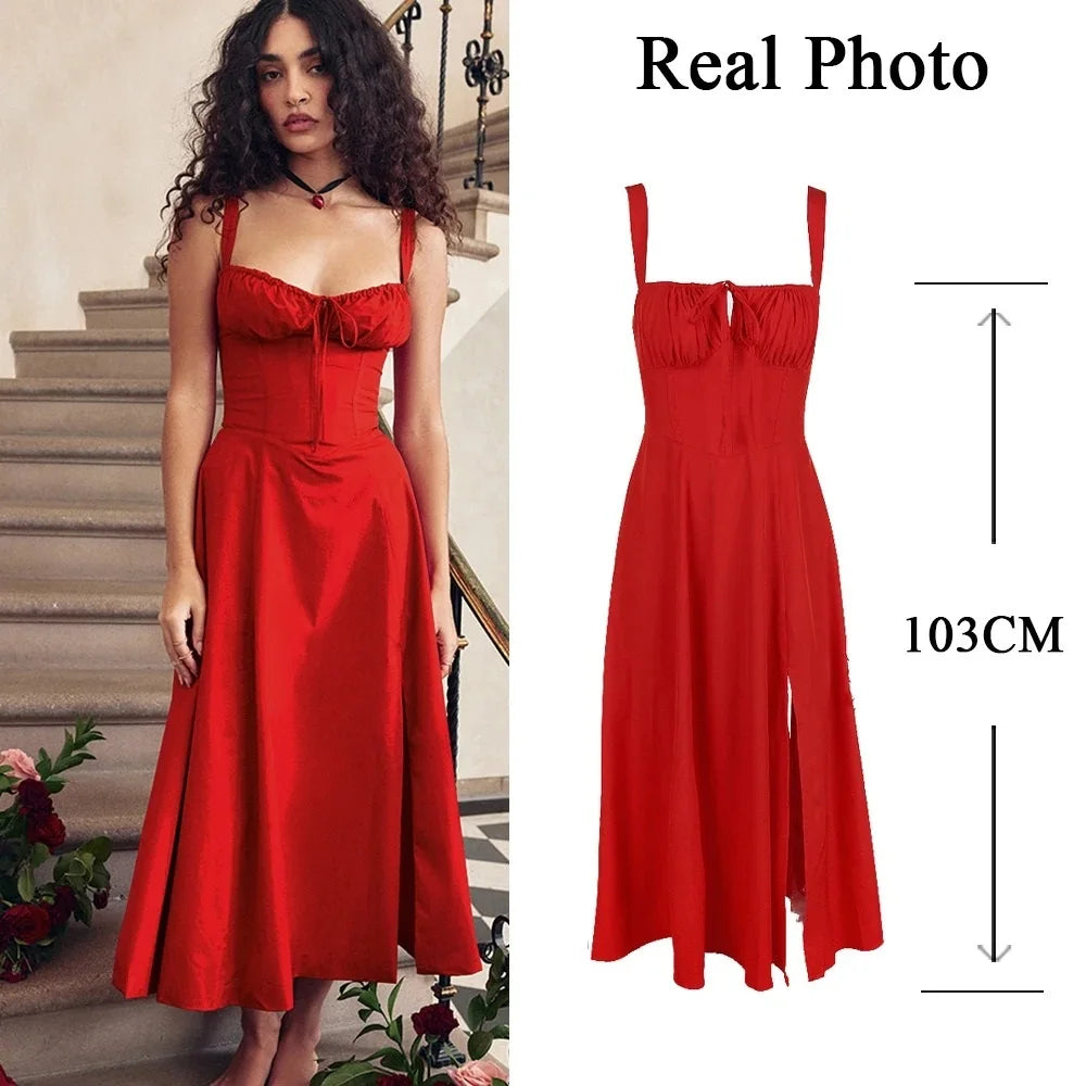 Women's Elegant Lace-Up Corset Midi Dress with Thigh Split