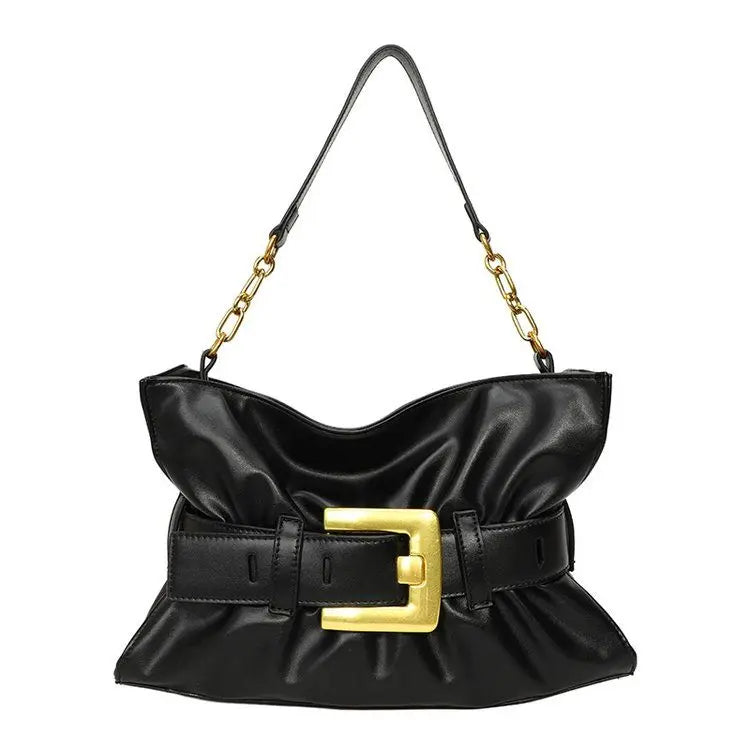 Women's Vintage Soft PU Leather Cloud Pleats Tote Bag with Metal Belt Buckle