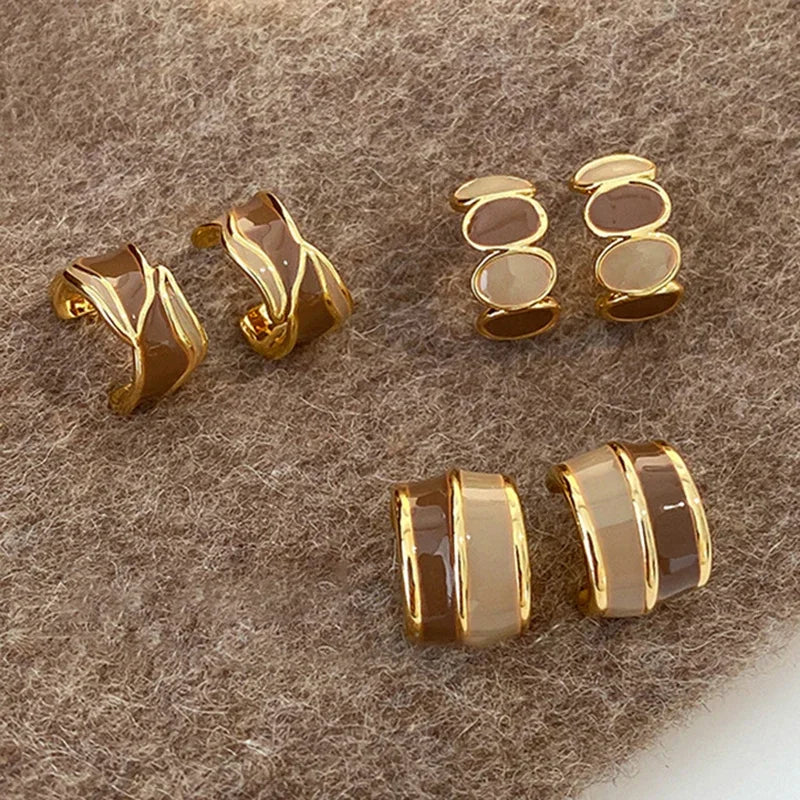 Vintage Brown Resin & Gold-Tone Drip Glaze Geometric Stud Earrings