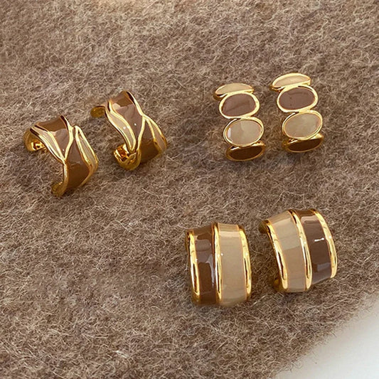 Vintage Brown Resin & Gold-Tone Drip Glaze Geometric Stud Earrings