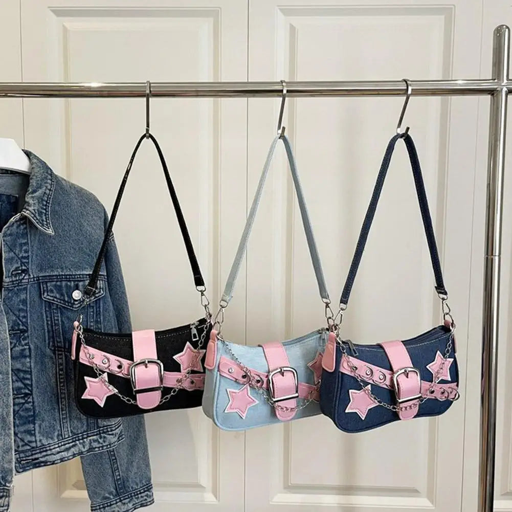 Women's Denim Star Pattern Underarm Bag & Chain Shoulder Hobo Bag