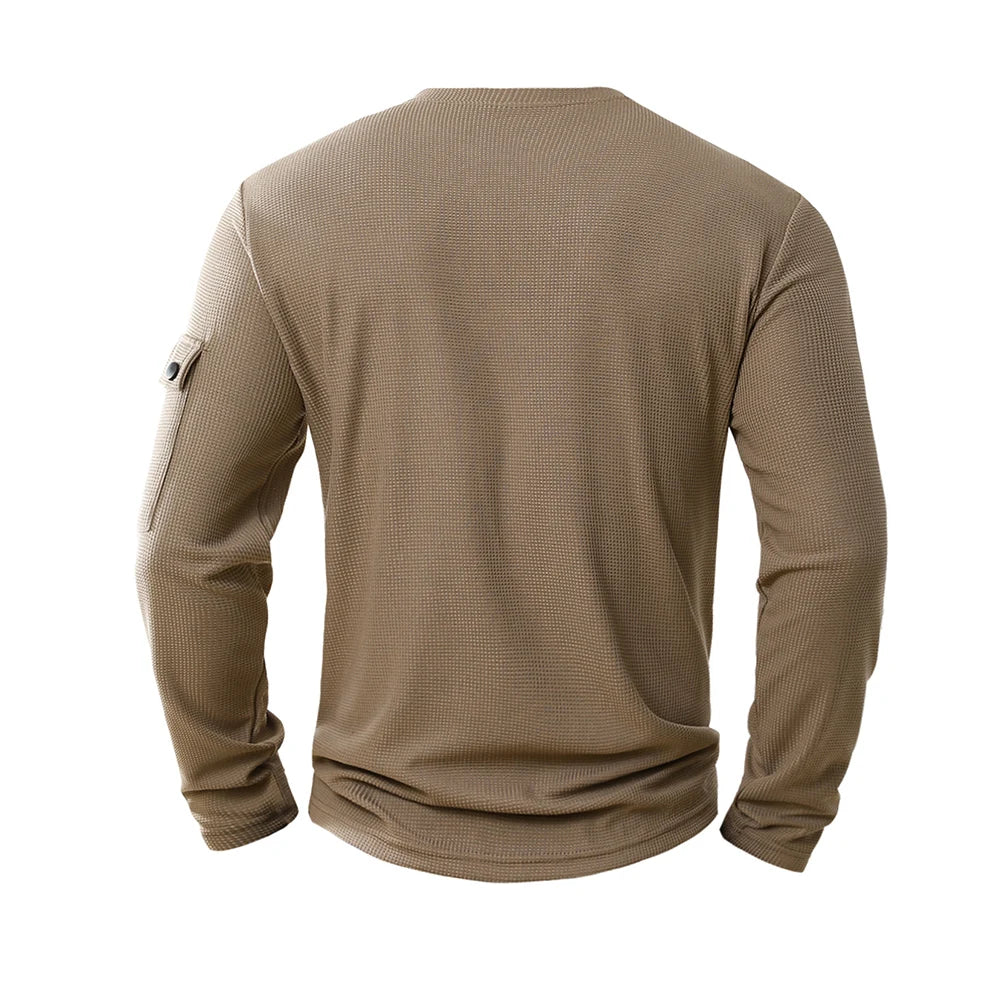 Men's Waffle-Knit Fake Two-Piece Long-Sleeve Henley T-Shirt