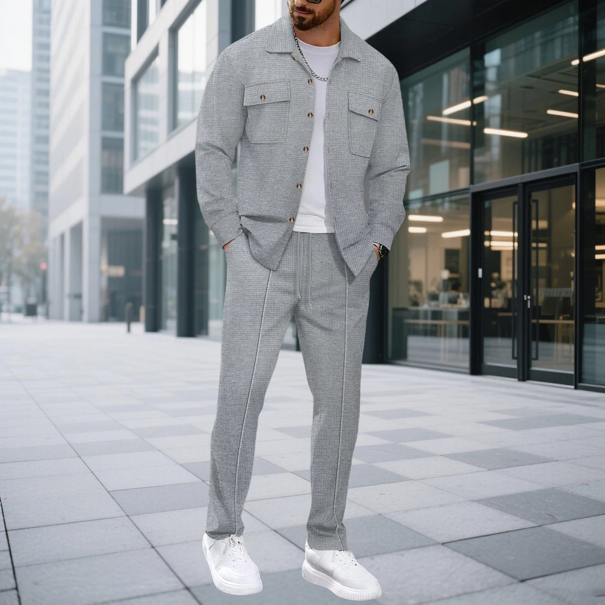 Men's Waffle Check Button Jacket & Pants Set