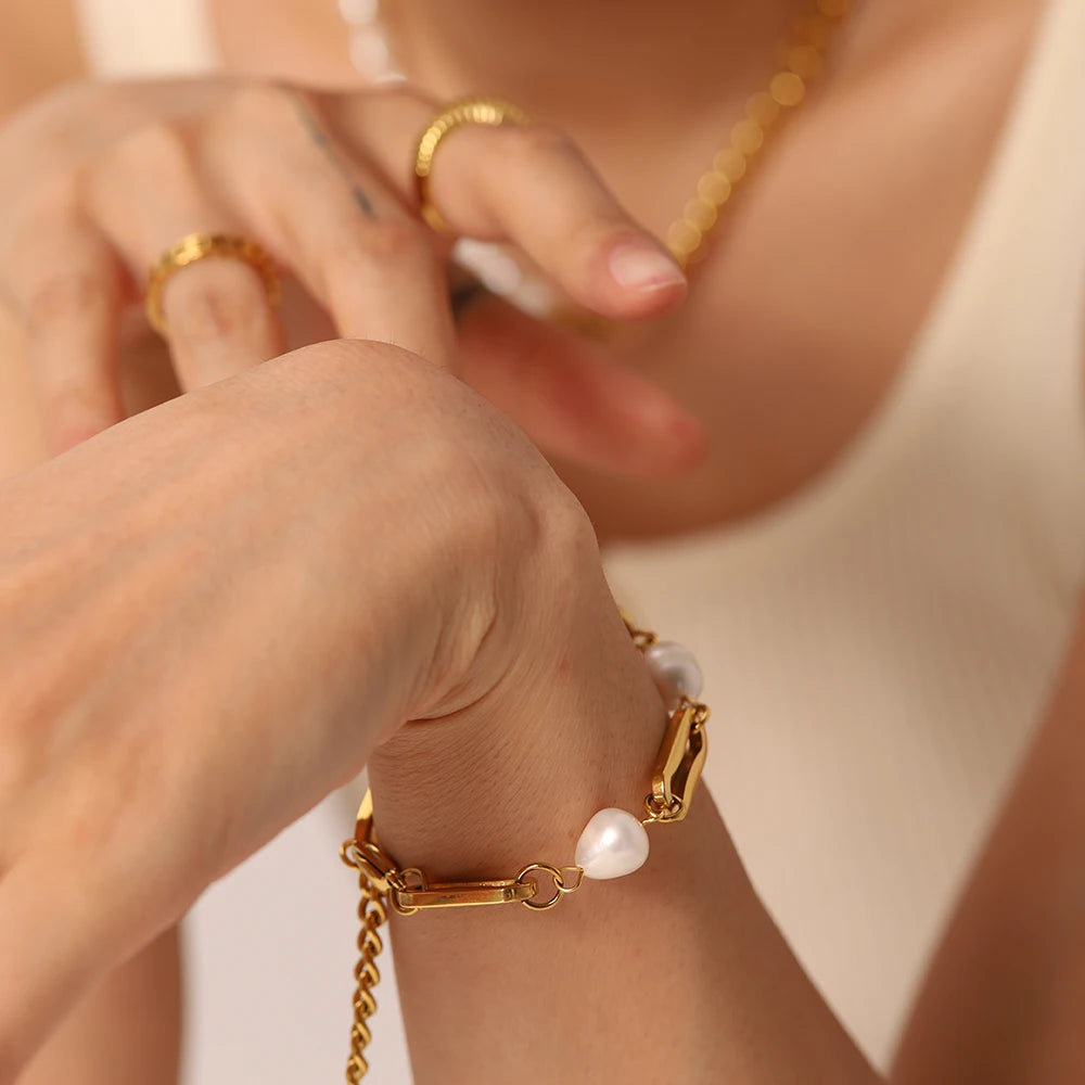 18K Gold Plated Stainless Steel Baroque Freshwater Bracelets For Women Rectangular Chain Spacer Pearl Bracelet Party Jewelry