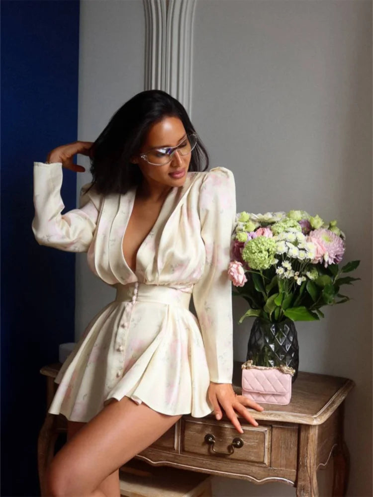 Women's Printed Waistband Puff-Sleeve Satin V-Neck Mini Dress