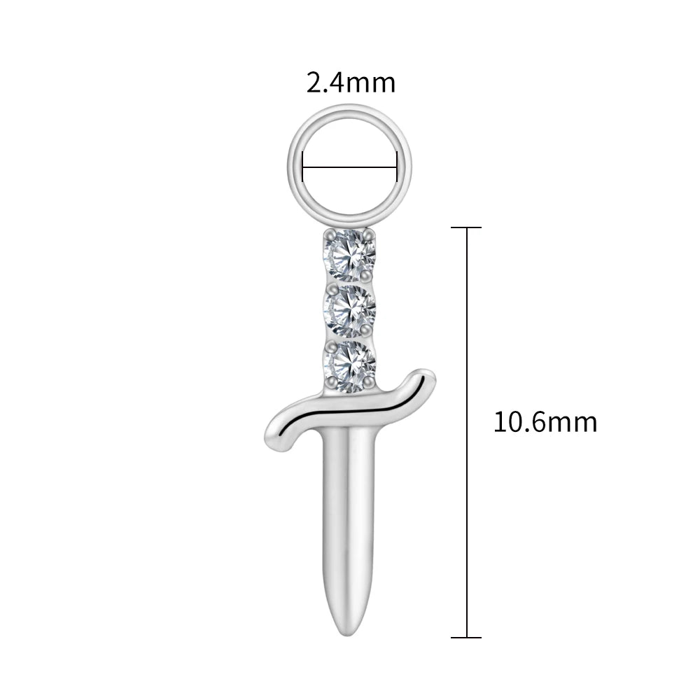 Right Grand ASTM F136 Titanium Knife Earring Charm with CZ Cute Poniard Drop Charm for Hoops Cartilage Piercing Body Jewelry