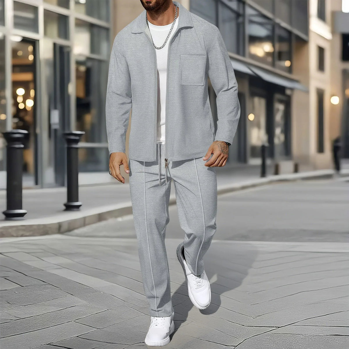 Men's Waffle-Knit Zip Front Lapel Cardigan & Pants Set