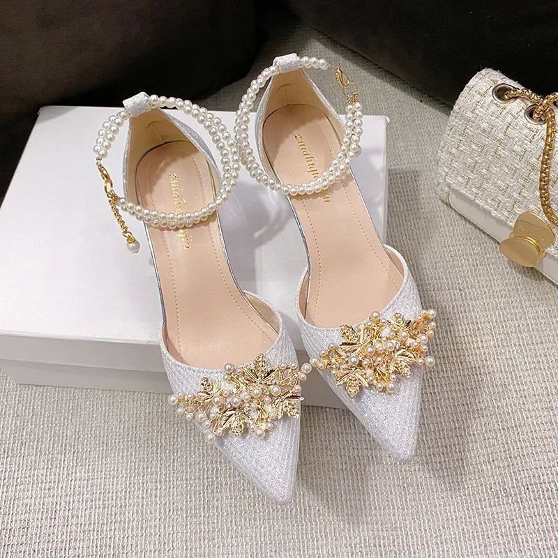 Women's Pointed Toe Metal Beaded High Heel Wedding & Banquet Pumps