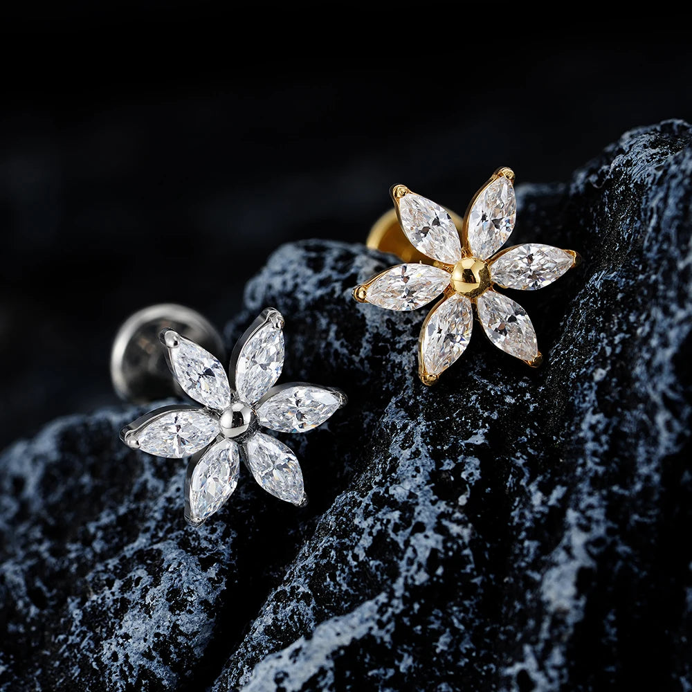 ASTM F136 Titanium 16G Marquise Flower CZ Flat Back Labret Piercing