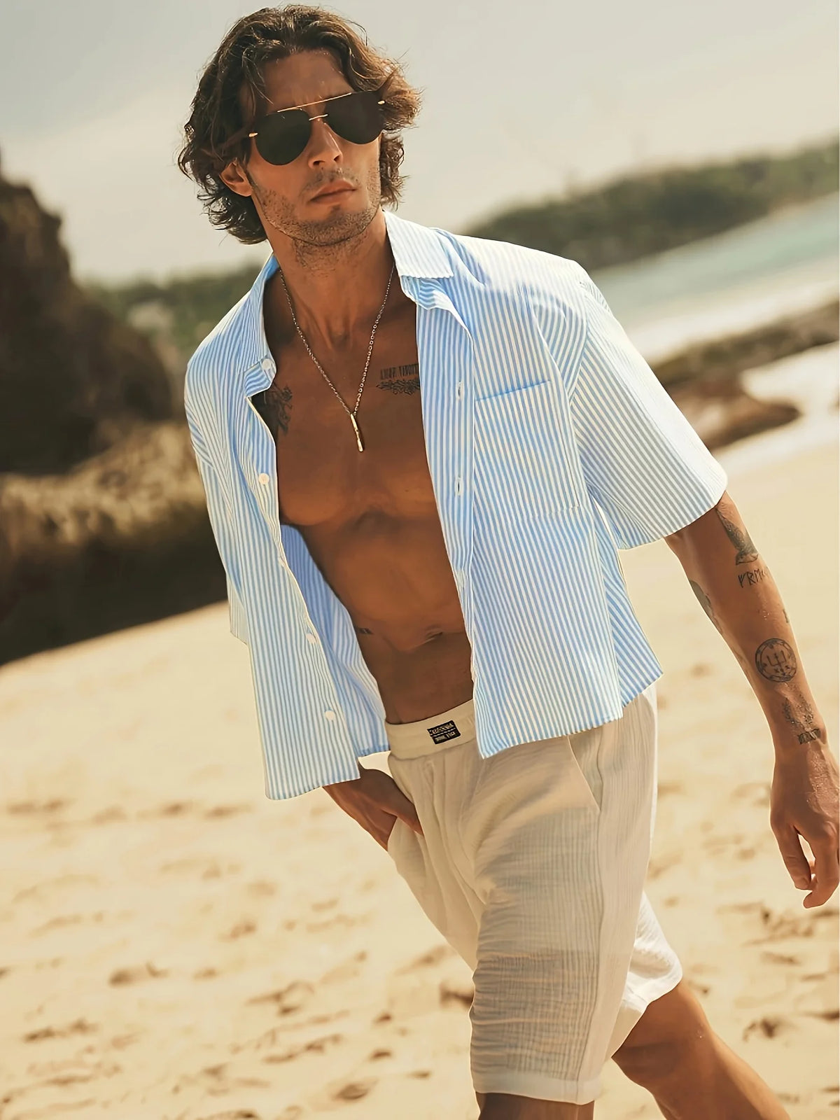 Men's Casual Striped Short-Sleeve Button-Down Shirt