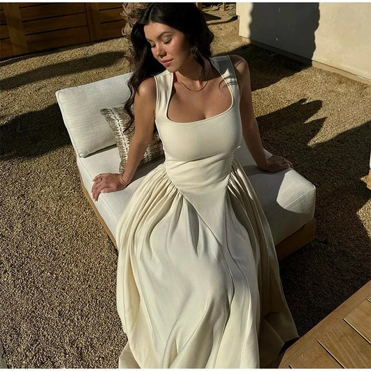 Elegant Square Neck Midi Dress For Women Elegant Solid Sleeveless High Waist Long Dress 2025 Summer Holiday Evening Vestidos