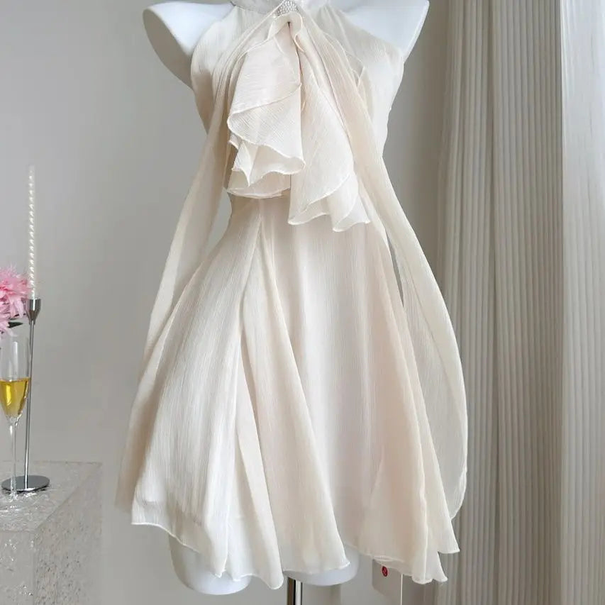 Women's French-Style Rhinestone Halter Mini Party Dress with Irregular Hem