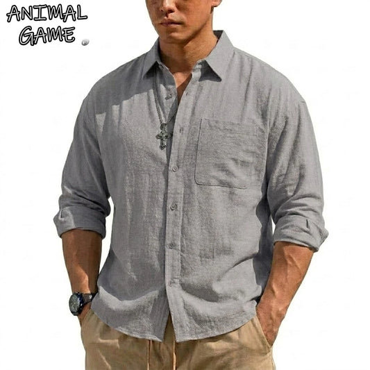 Men's Breathable Cotton-Linen Long Sleeve Button-Down Shirt