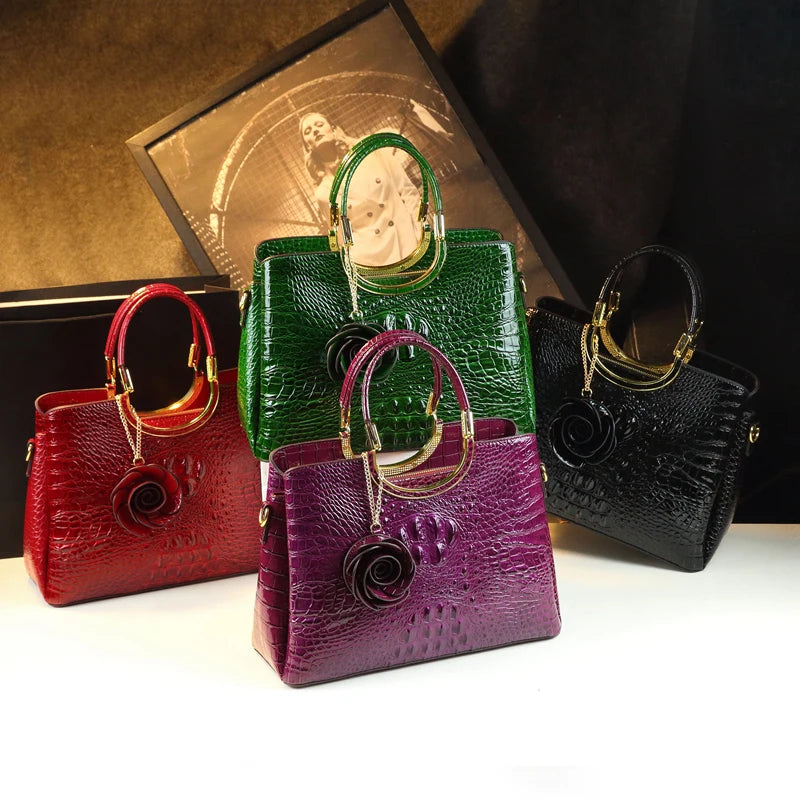 Women's Crocodile Pattern Genuine Leather Top-Handle Handbag with Floral Charm