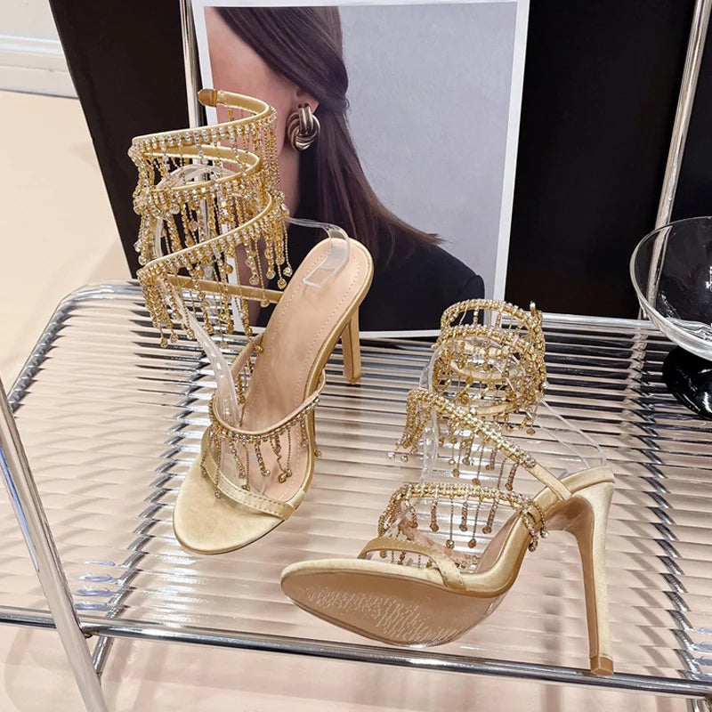 Liyke Golden Crystal Tassel Twining Stiletto Sandals | Wedding & Banquet High Heels