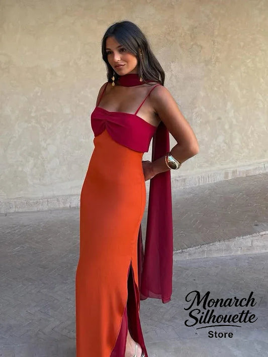 Women's Color-Block Scarf Collar High-Slit Sling Maxi Dress
