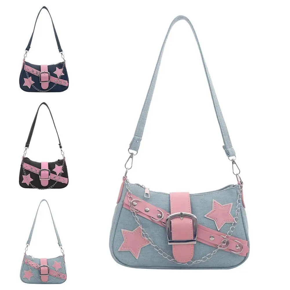 Women's Denim Star Pattern Underarm Bag & Chain Shoulder Hobo Bag