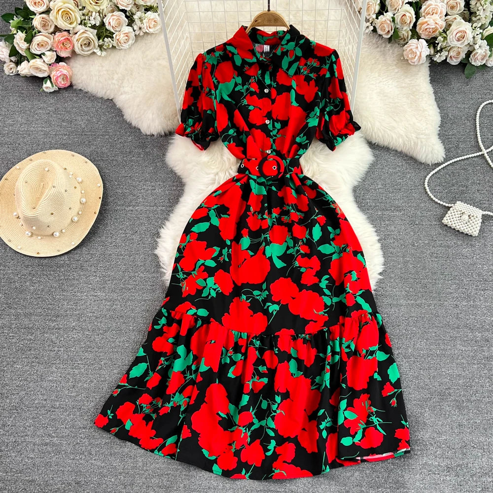 Retro Bubble Sve  Collar Slim Fit Midi Dr Floral Print ort Sve Women's Korean Sle Commute High Waist irt D...