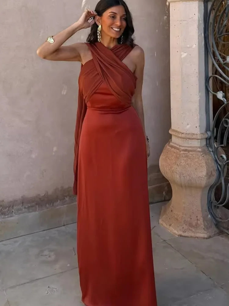 Women's Color-Block Scarf Collar High-Slit Sling Maxi Dress