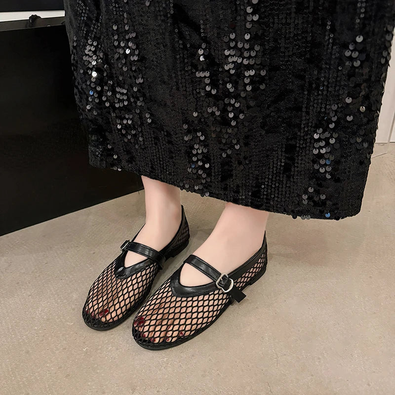 Women's Summer Cut-Out Mary Jane Fishnet Flats | Casual Round-Toe Buckle Shoes