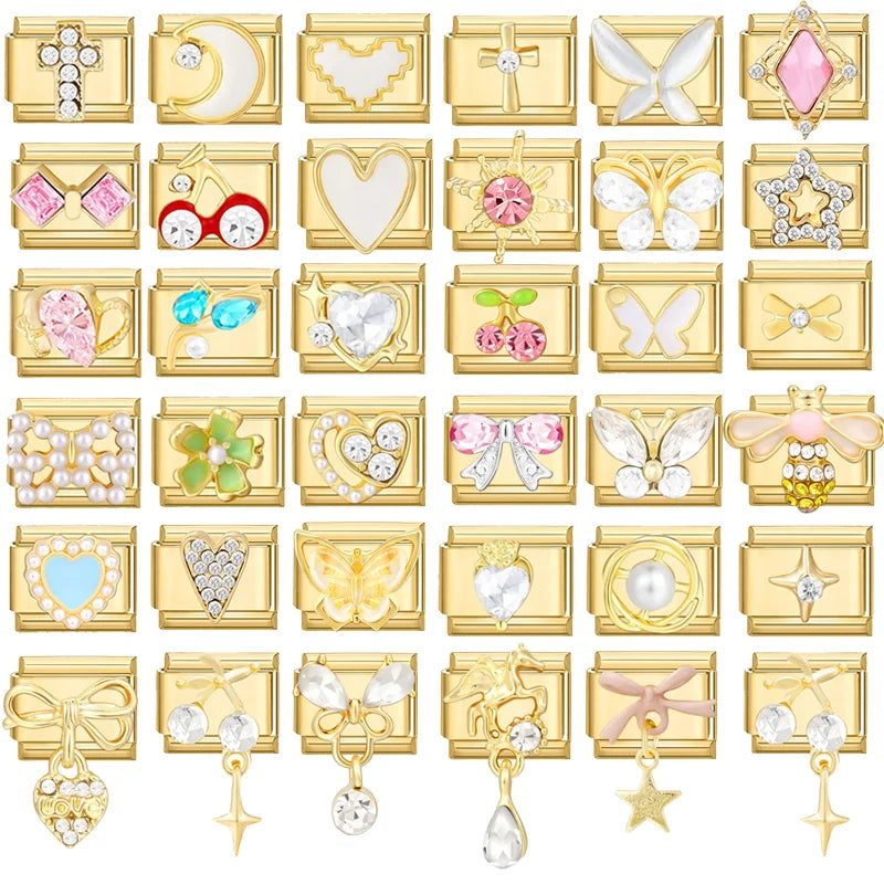 Zircon Heart Bow Butterfly Flowers Gold Color Italian Charm Links Fit 9MM Stainless Steel Bracelet Women Men DIY Making Jewelry