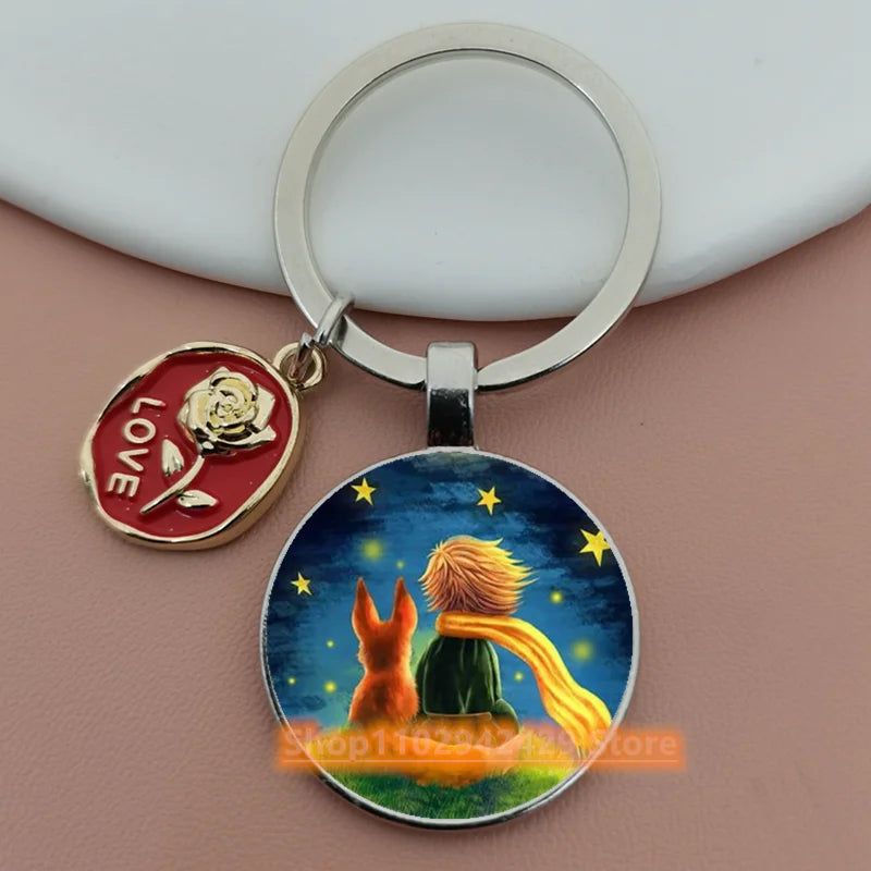 Little Prince Round Glass & Enamel Rose Keychain | DIY Handcrafted Car Keyring & Bag Charm