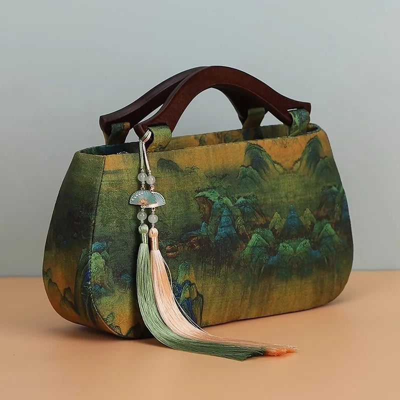 Women's Vintage Embroidered Floral Top-Handle Tote Bag with Fringe & Chain Strap