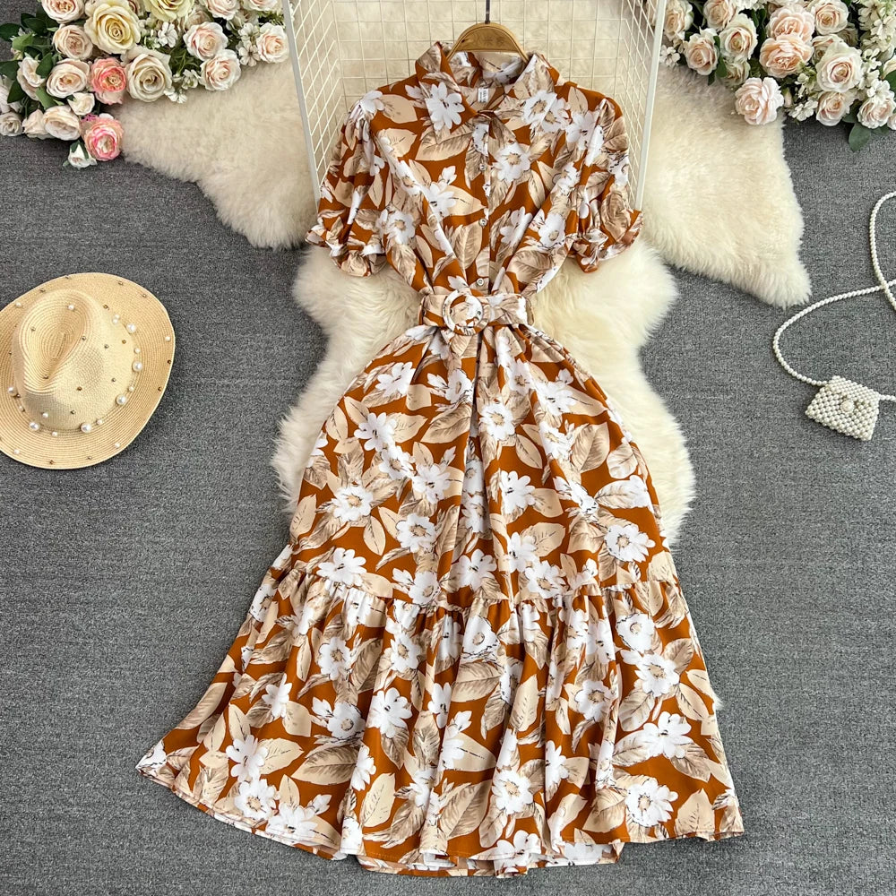 Retro Bubble Sve  Collar Slim Fit Midi Dr Floral Print ort Sve Women's Korean Sle Commute High Waist irt D...