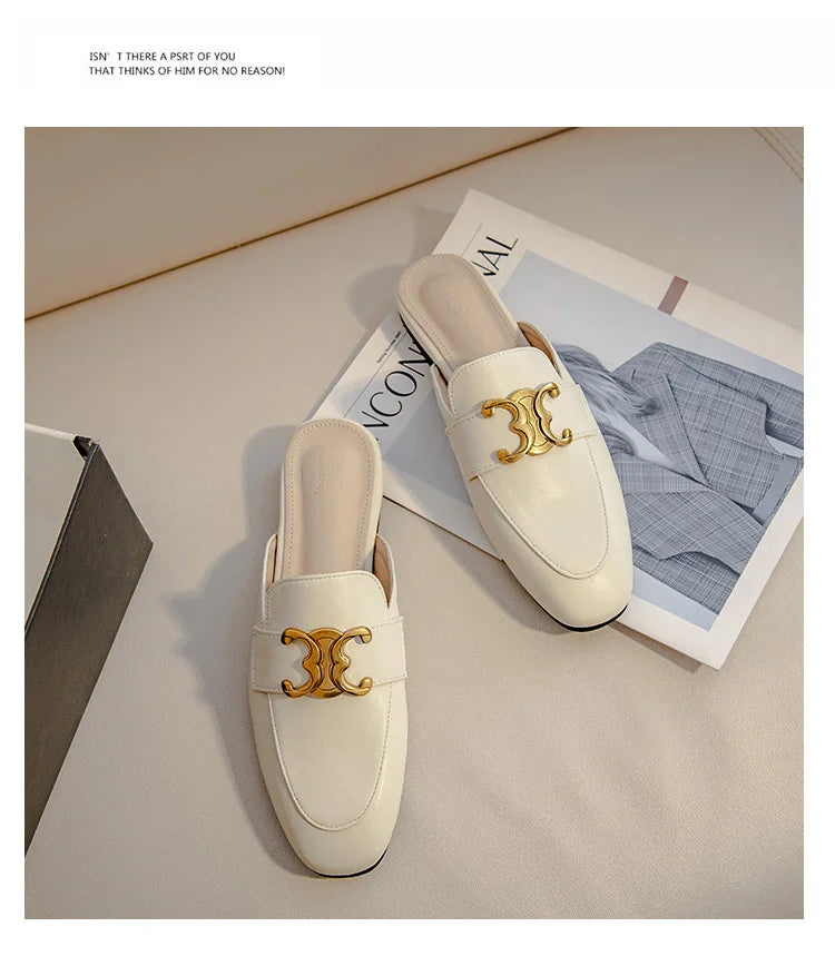 Women's Square-Toe PU Leather Mules with Gold Metal Buckle | Extended Size 41