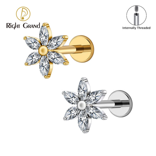 ASTM F136 Titanium 16G Marquise Flower CZ Flat Back Labret Piercing