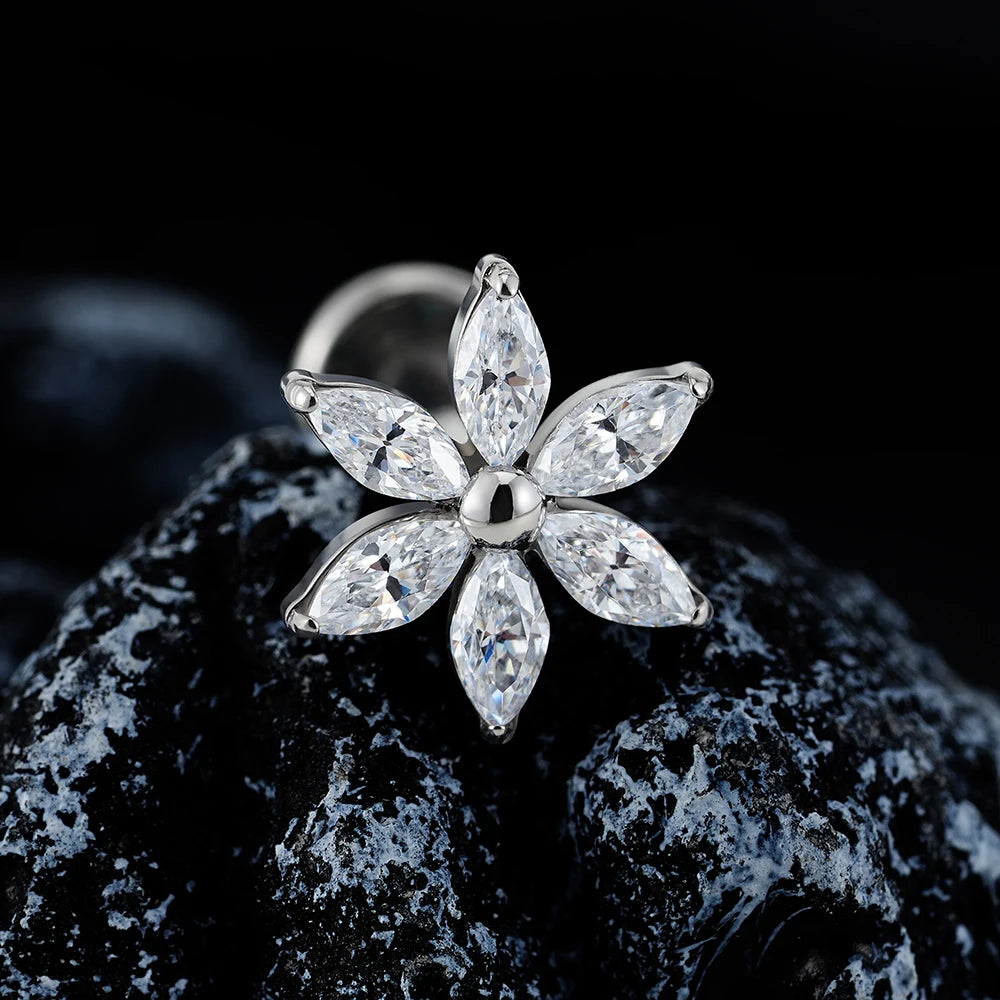 ASTM F136 Titanium 16G Marquise Flower CZ Flat Back Labret Piercing