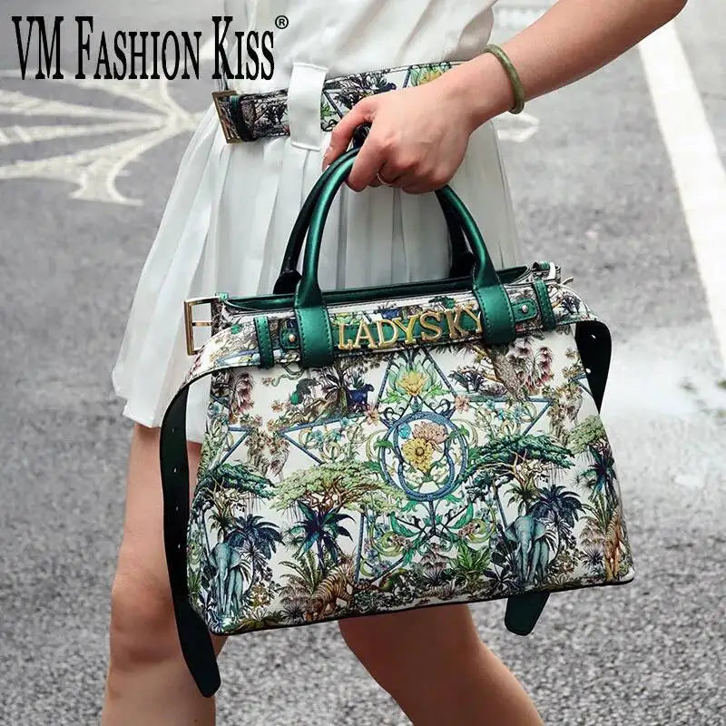 Women's Jungle Pattern Large Capacity Crossbody & Shoulder Bag with Logo Belt