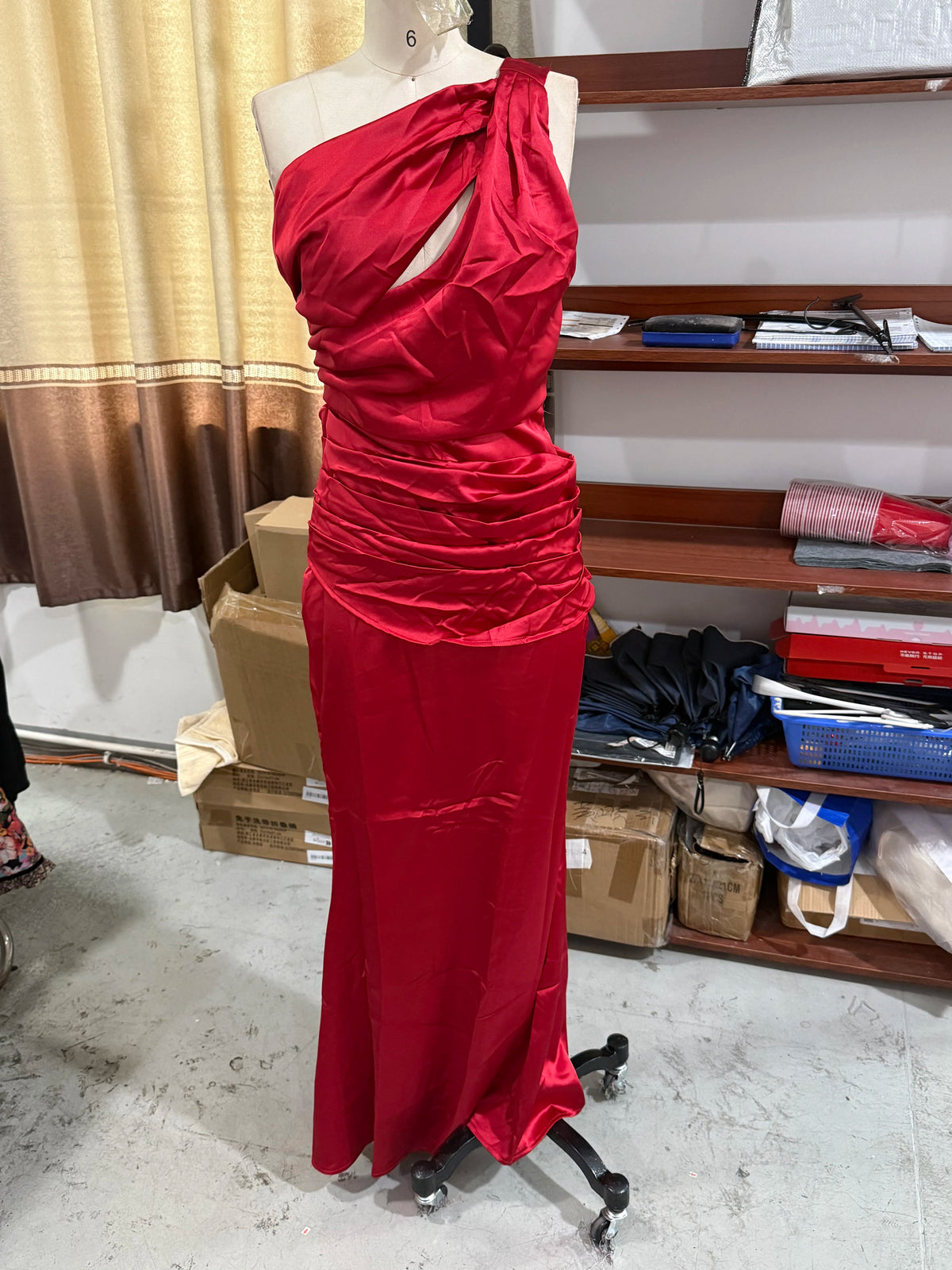 Women's Asymmetrical One-Shoulder Ruched Maxi Dress with Side Slit